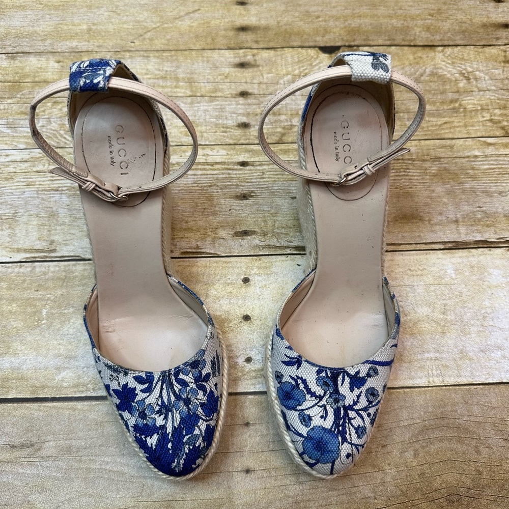 Gucci Cruise 2007 Runway Flora Wedge Espadrille Heels Indigo - Picture 3 of 10